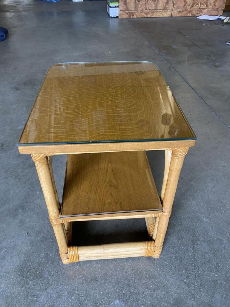 Restored Two-Tier Rattan Side Table W/ Glass Tops, Pair In Excellent Condition In Van Nuys, CA