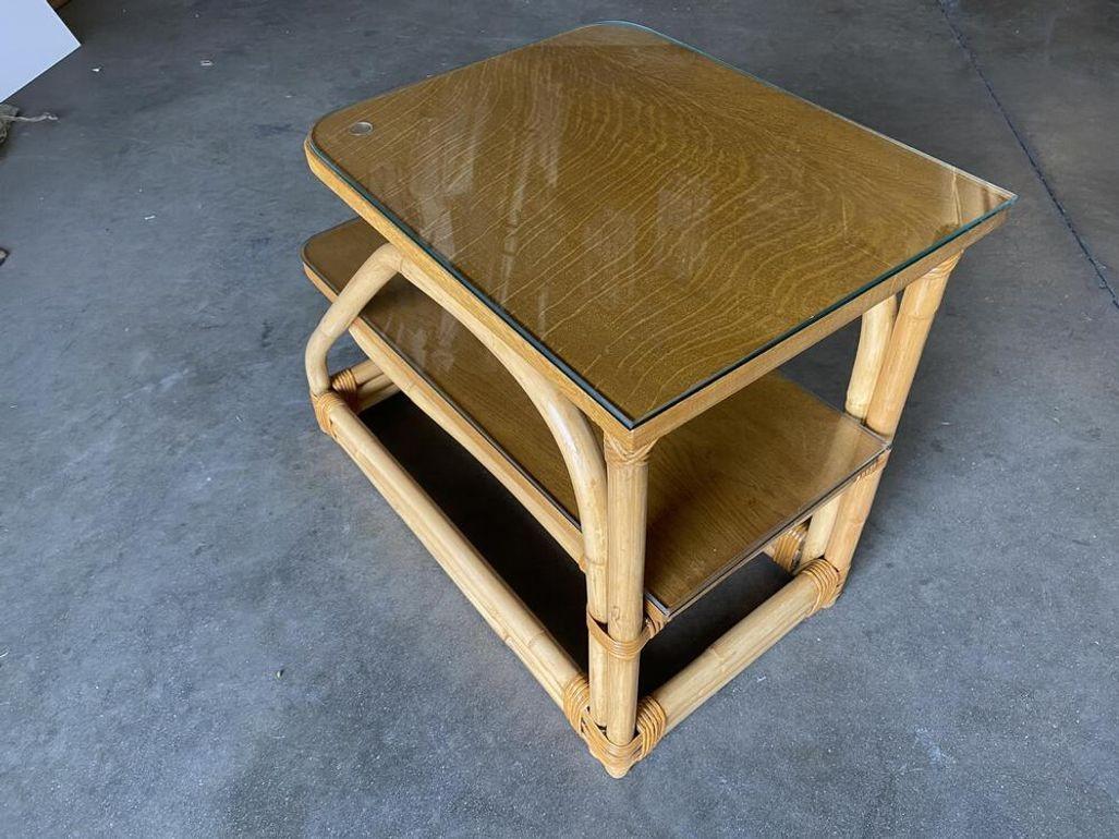 Restored Two-Tier Rattan Side Table W/ Glass Tops, Pair 2