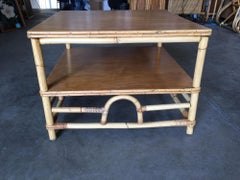 Restored Two-Tier Rattan "Center Horseshoe" Coffee Table W/ Mahogany Top