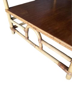 Restored Two-Tier Rattan "Center Horseshoe" Coffee Table W/ Mahogany Top