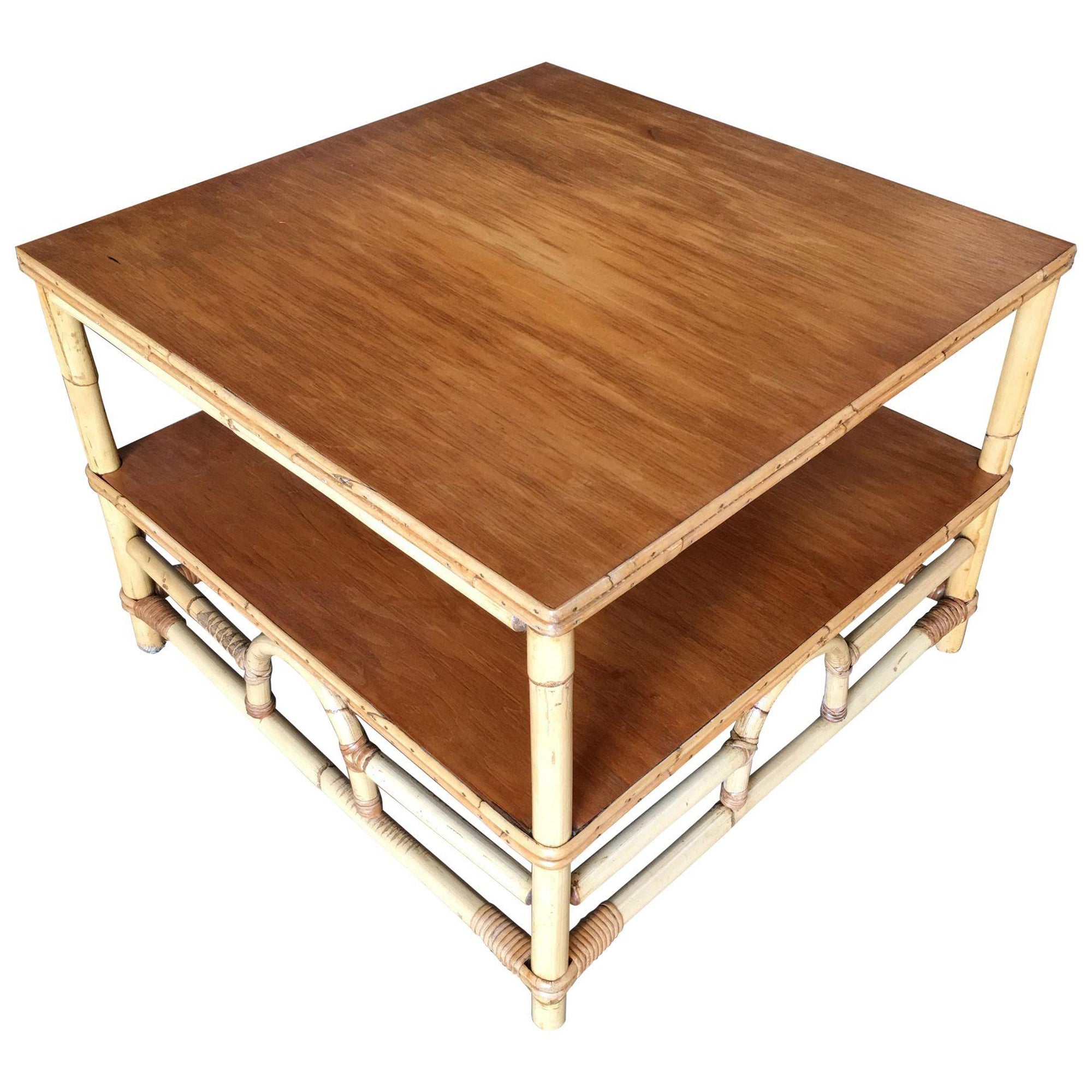 Restored Two-Tier Rattan "Center Horseshoe" Coffee Table W/ Mahogany Top
