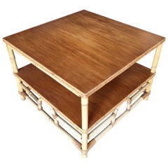 Restored Two-Tier Rattan "Center Horseshoe" Coffee Table W/ Mahogany Top