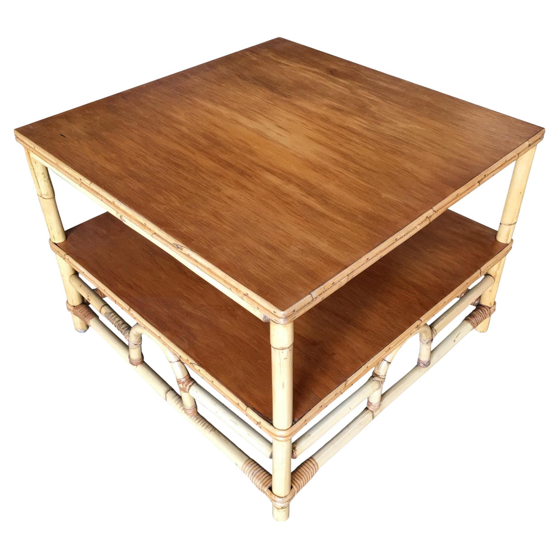 Restored Two-Tier Rattan "Center Horseshoe" Coffee Table W/ Mahogany Top