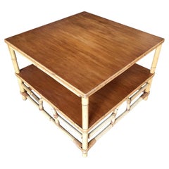 Restored Two-Tier Rattan "Center Horseshoe" Coffee Table W/ Mahogany Top