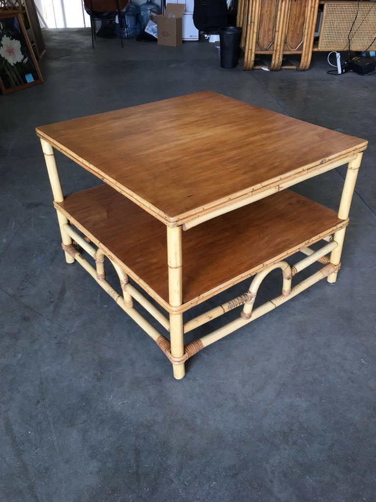 Restored TwoTier Rattan "Center Horseshoe" Coffee Table with Mahogany