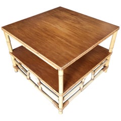 Restored Two-Tier Rattan "Center Horseshoe" Coffee Table with Mahogany Top