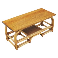 Restored Two-Tier Rattan Coffee Table with Mahogany Top