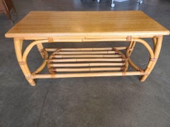 Restored Two-Tier Rattan Coffee Table with Mahogany Top & Pole Bottom