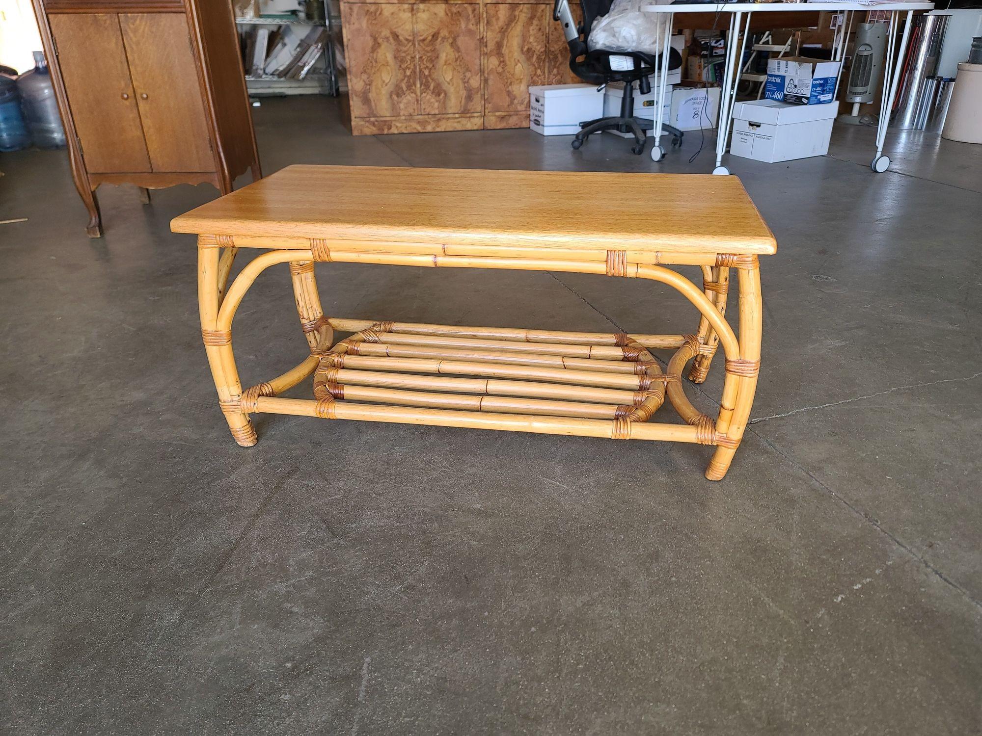 Restored Two-Tier Rattan Coffee Table with Mahogany Top & Pole Bottom In Excellent Condition In Van Nuys, CA