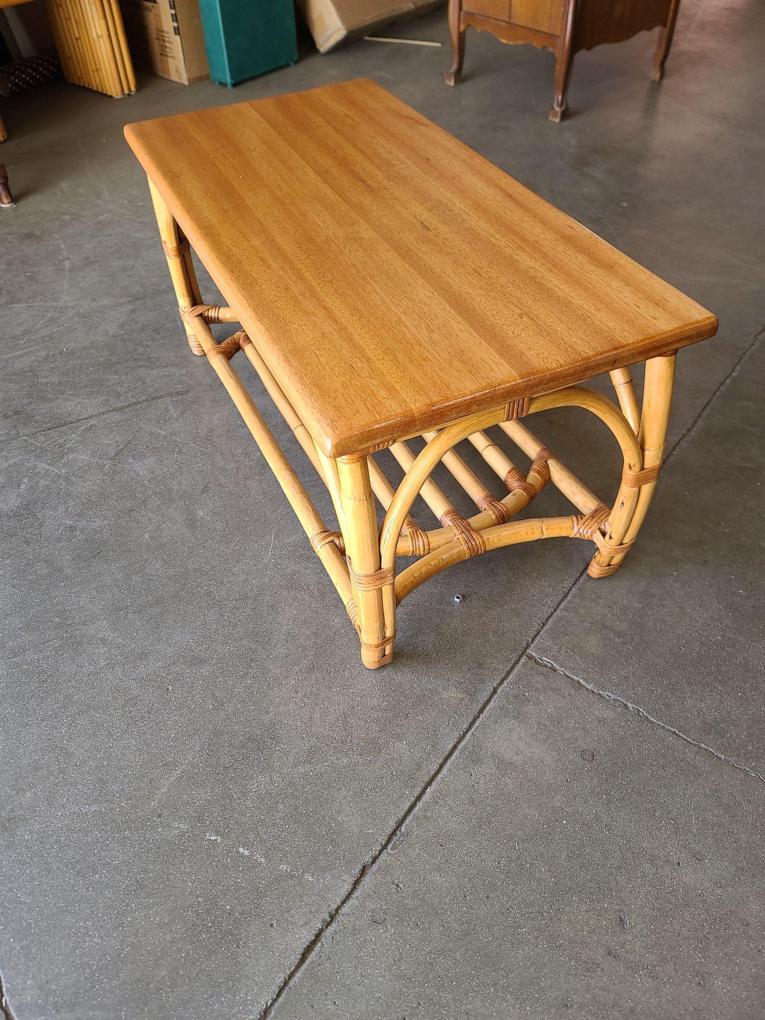 Mid-20th Century Restored Two-Tier Rattan Coffee Table with Mahogany Top & Pole Bottom