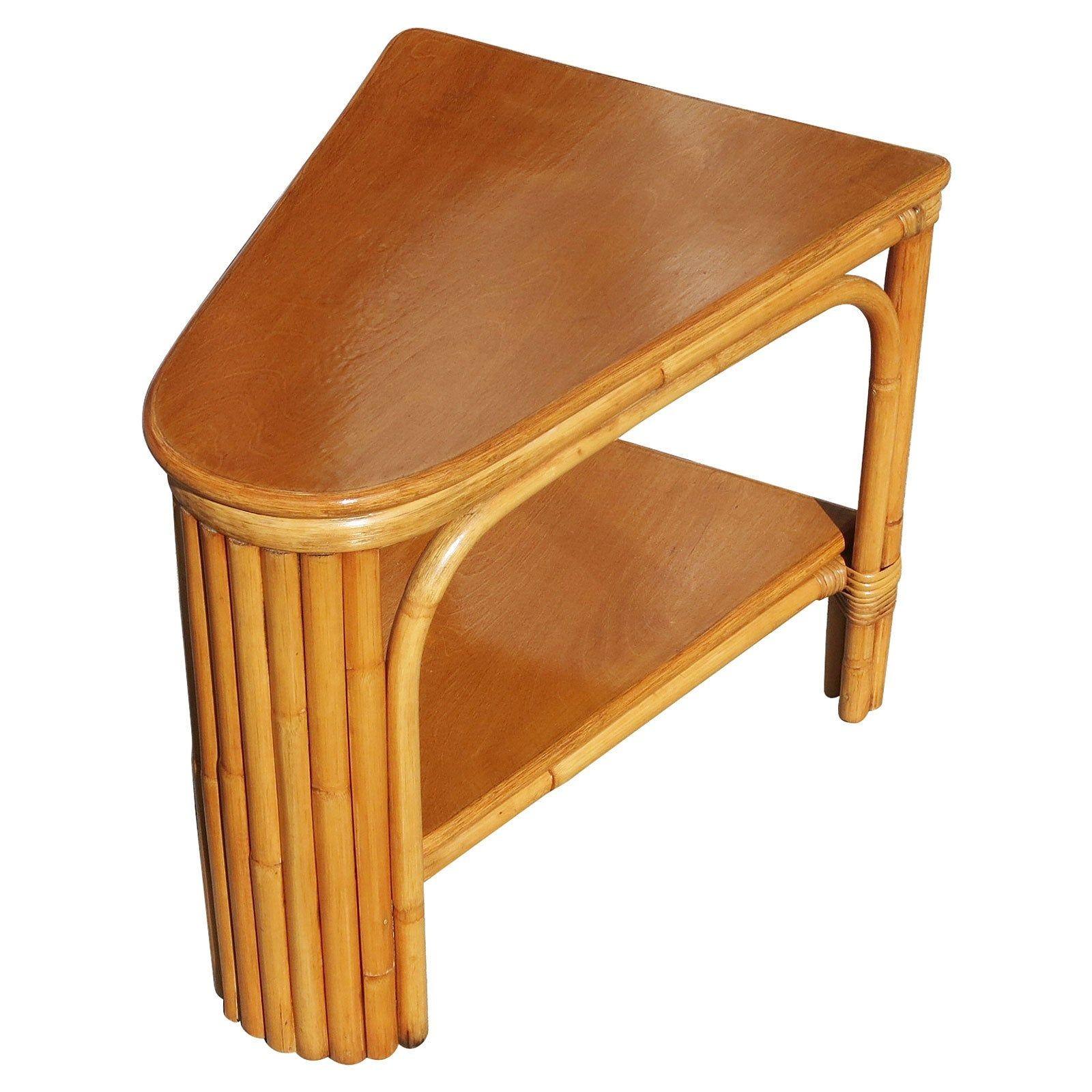 American Restored Two-Tier Rattan Wedge Table w/ Mahogany  Top For Sale