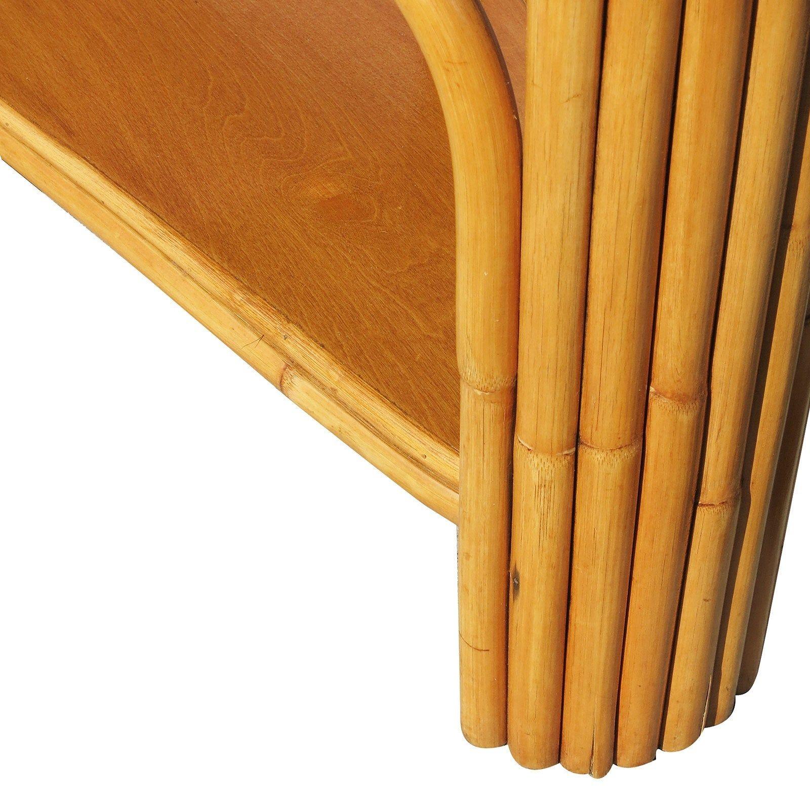 Restored Two-Tier Rattan Wedge Table w/ Mahogany  Top In Excellent Condition For Sale In Van Nuys, CA