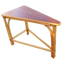 Restored Two-Tier Rattan Corner Side Table with Laminate Tabletop