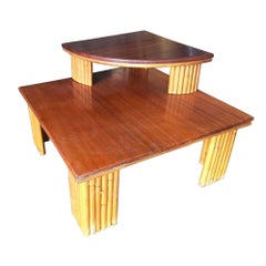 Restored Two-Tier Rattan Corner Table W/ Mahogany Top