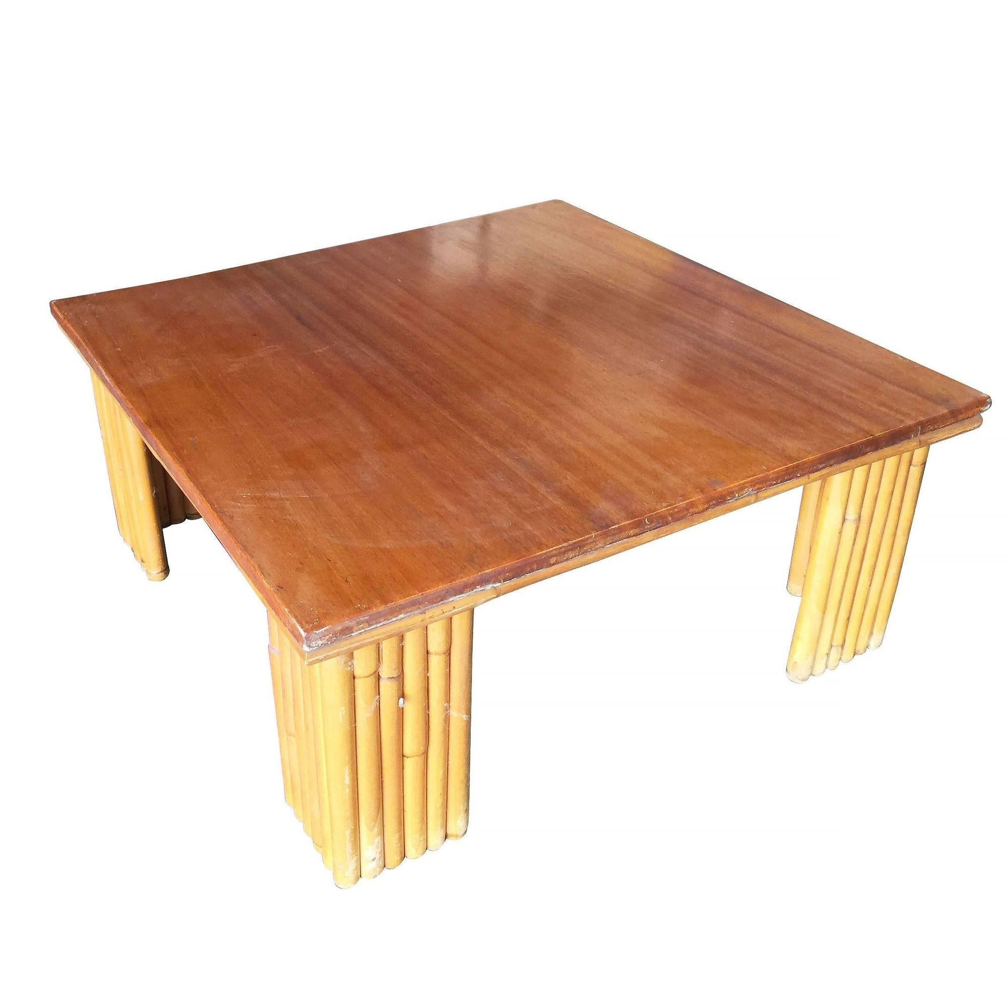 Restored TwoTier Rattan Corner Table W/ Mahogany Top For Sale at 1stDibs