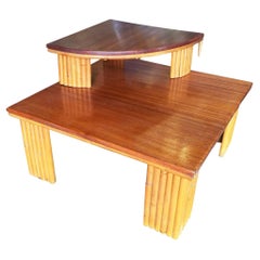 Restored Two-Tier Rattan Corner Table W/ Mahogany Top