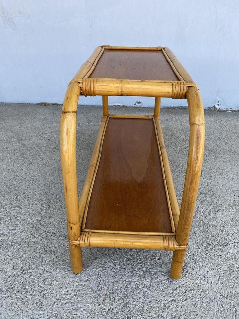 Restored Two-Tier Rattan & Mahogany Arched Side Table For Sale 4