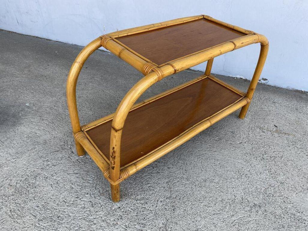 American Restored Two-Tier Rattan & Mahogany Arched Side Table For Sale