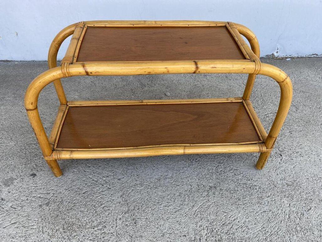 Mid-20th Century Restored Two-Tier Rattan & Mahogany Arched Side Table For Sale