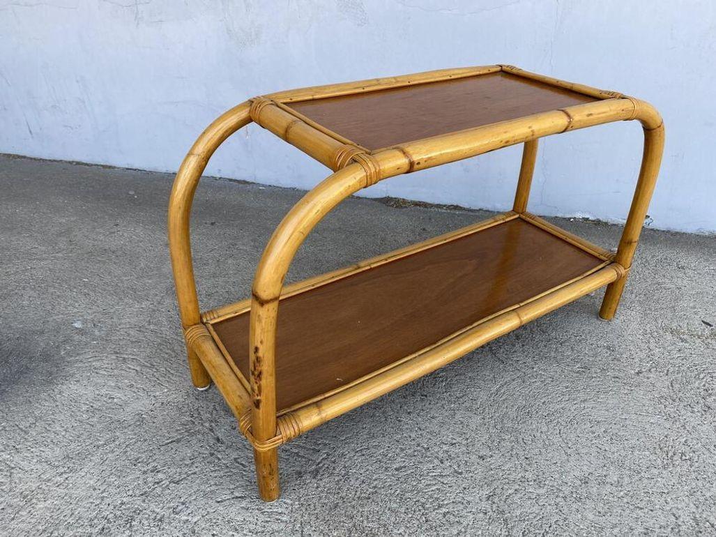 Restored Two-Tier Rattan & Mahogany Arched Side Table For Sale 1