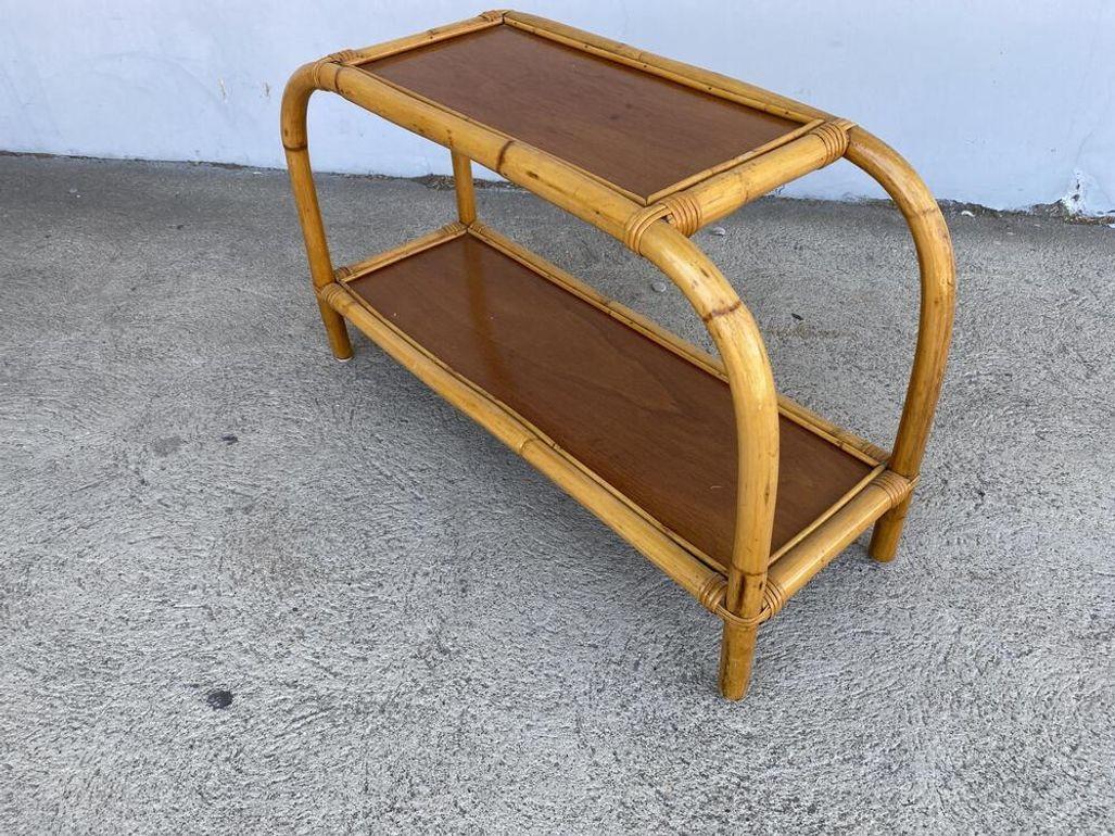 Restored Two-Tier Rattan & Mahogany Arched Side Table For Sale 2