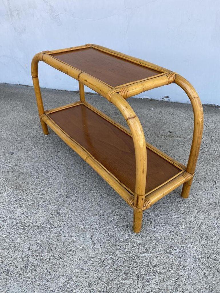 Restored Two-Tier Rattan & Mahogany Arched Side Table For Sale 3