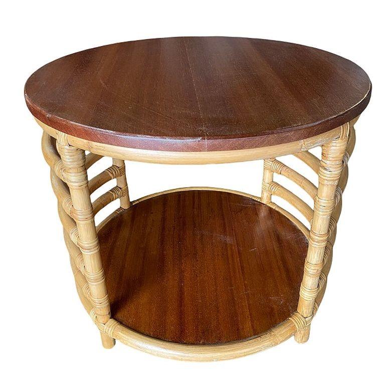 Restored Two-Tier Round Ladder Side Pole Rattan Side Table w/ Mahogany Top In Excellent Condition For Sale In Van Nuys, CA