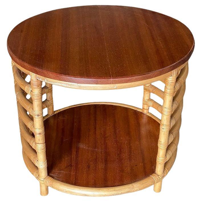 Restored Two-Tier Round Ladder Side Pole Rattan Side Table w/ Mahogany Top