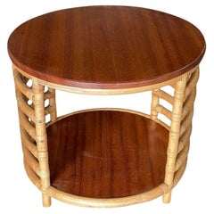 Restored Two-Tier Round Ladder Side Pole Rattan Side Table w/ Mahogany Top