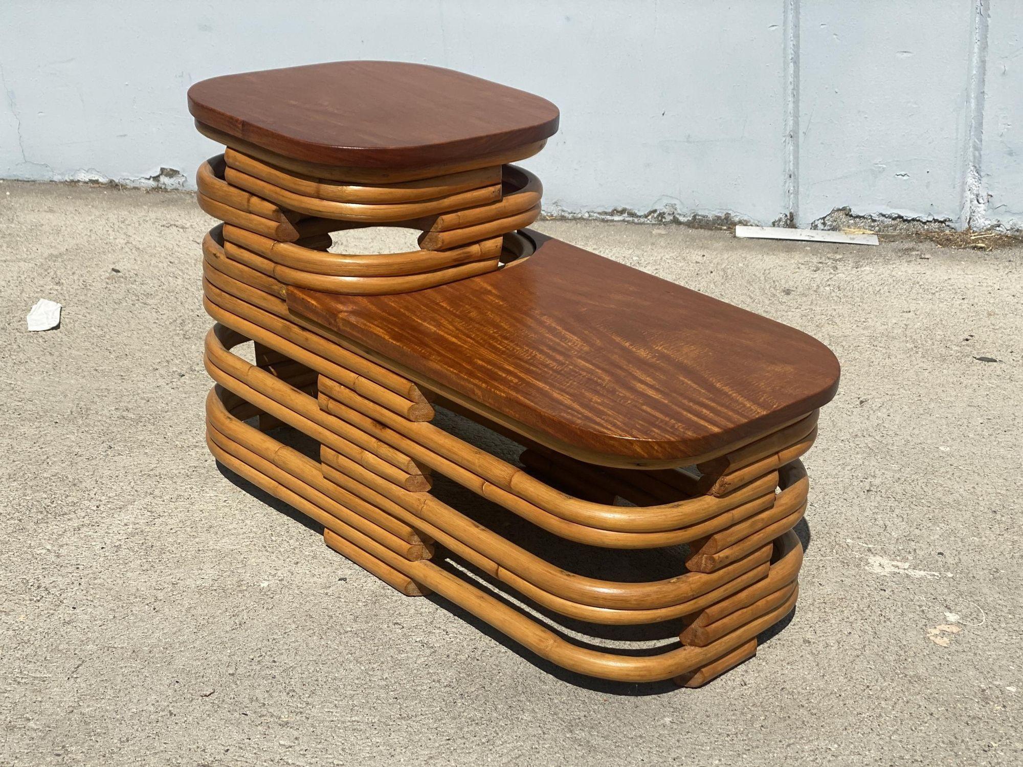 Art Deco Restored Two-Tier Stacked Rattan Side Table w/ Mahogany Top, Pair For Sale
