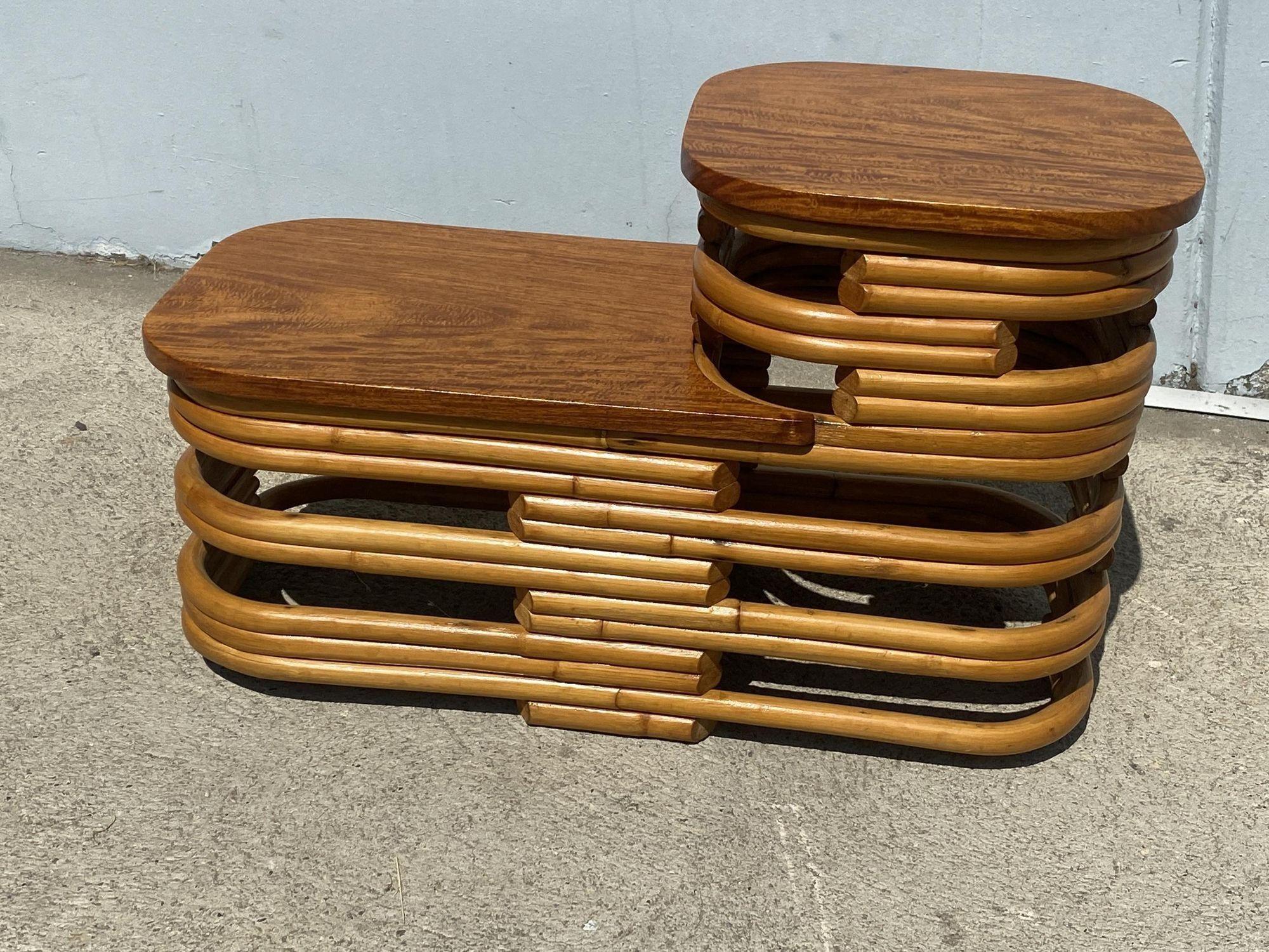 Restored Two-Tier Stacked Rattan Side Table w/ Mahogany Top, Pair In Excellent Condition For Sale In Van Nuys, CA