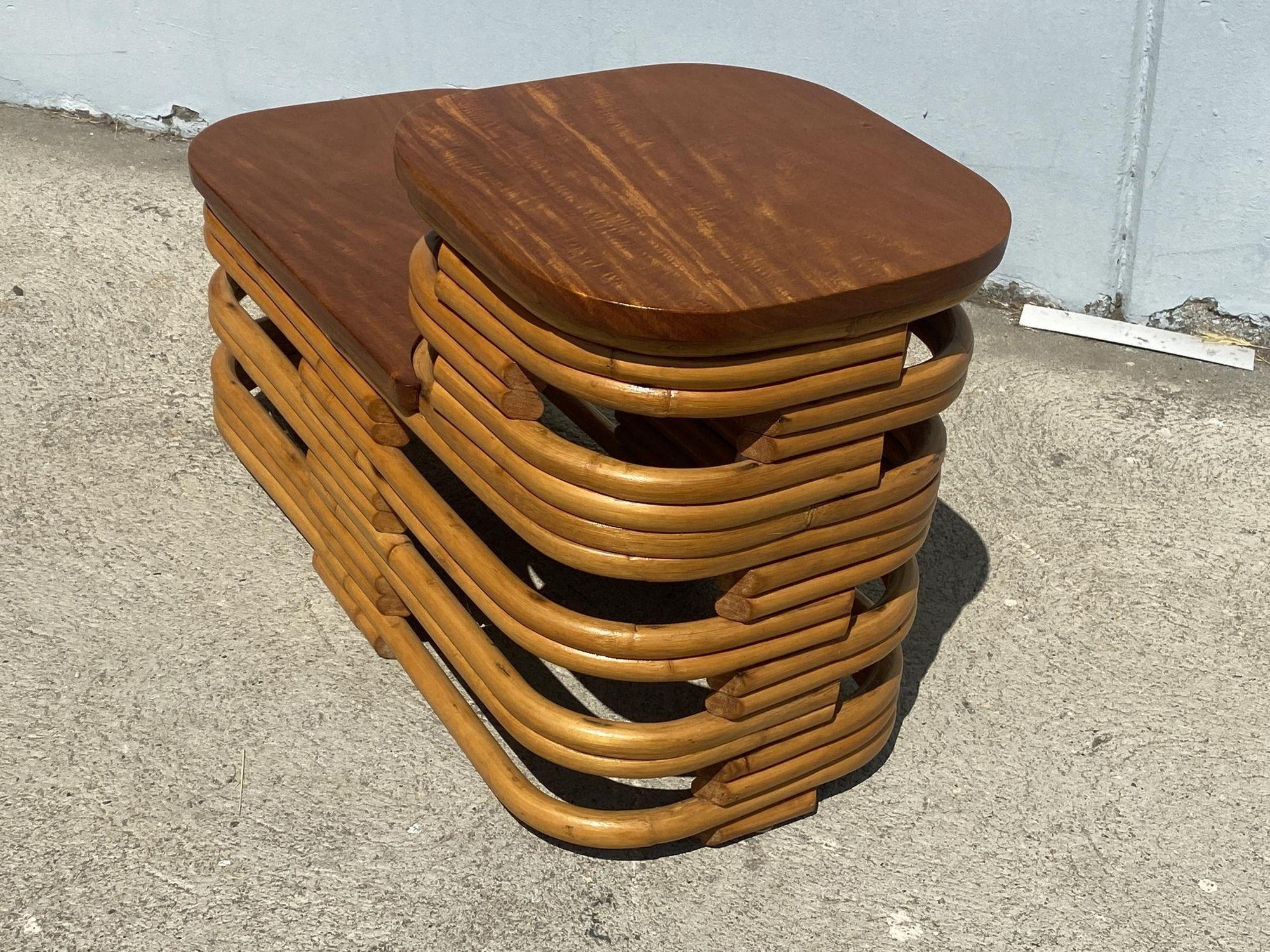 Mid-20th Century Restored Two-Tier Stacked Rattan Side Table w/ Mahogany Top, Pair For Sale