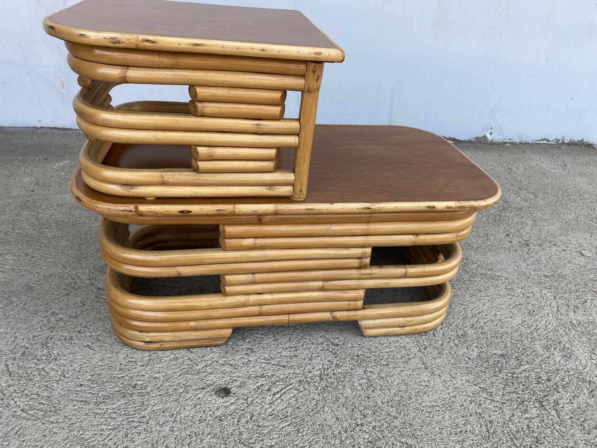 Restored Two-Tier Stacked Rattan Side Table with Mahogany Tops, Pair For Sale 8