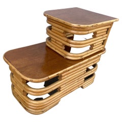 Restored Two-Tier Stacked Rattan Side Table with Mahogany Tops, Pair