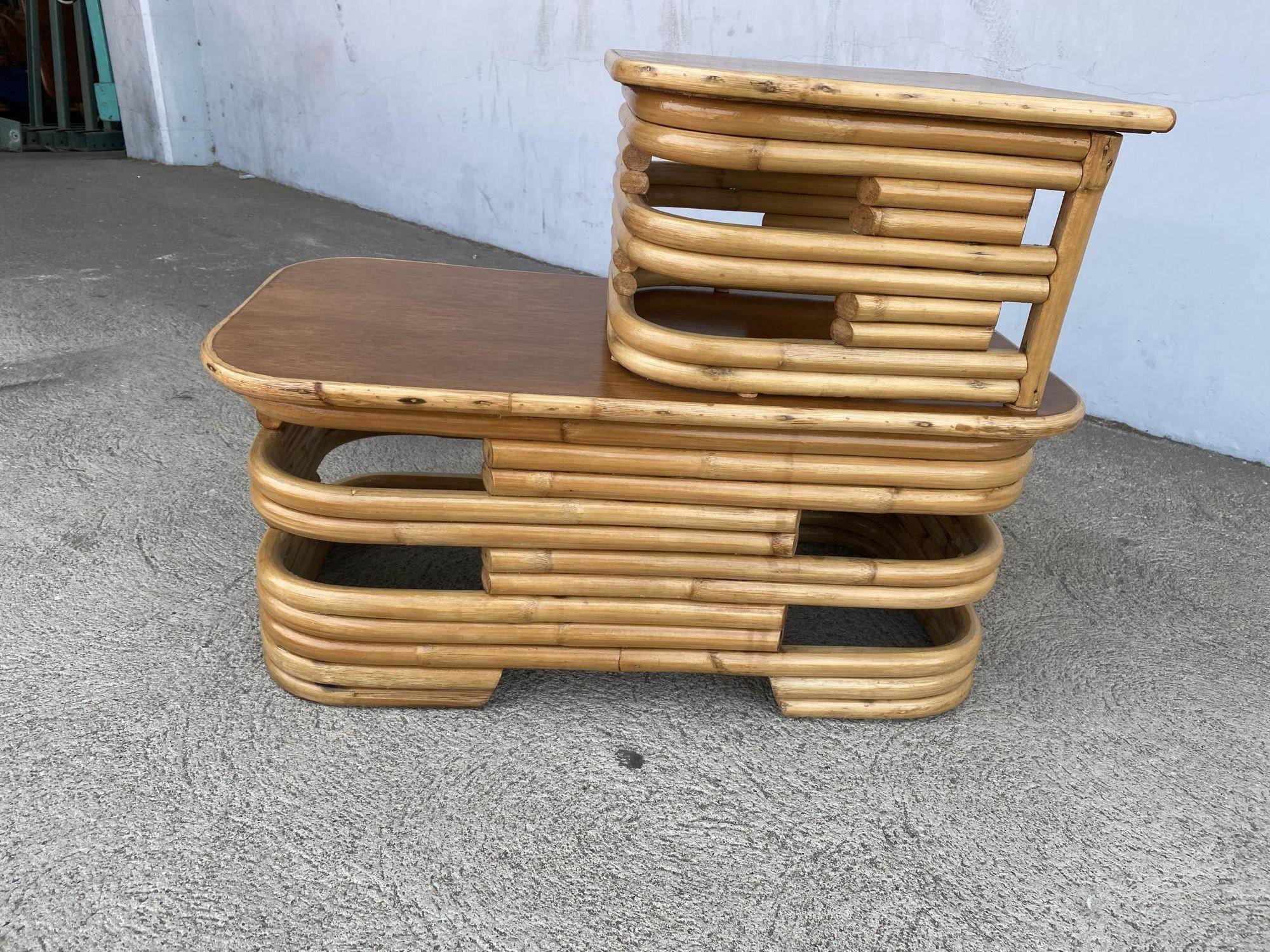 Restored Two-Tier Stacked Rattan Side Table with Mahogany Tops, Pair In Excellent Condition For Sale In Van Nuys, CA