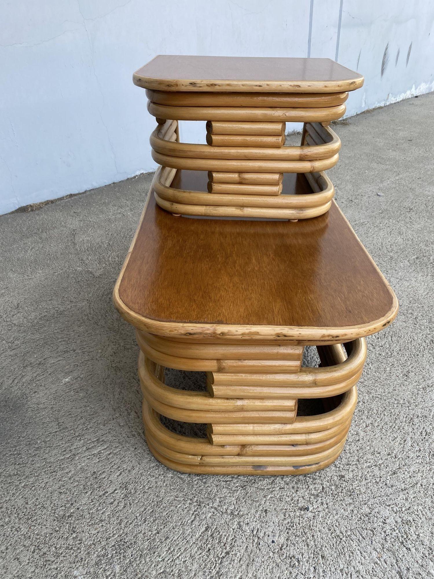 Mid-20th Century Restored Two-Tier Stacked Rattan Side Table with Mahogany Tops, Pair For Sale