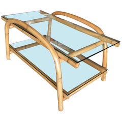 Restored Two-Tier "Swoop Arch" Rattan Side Table with Glass Top