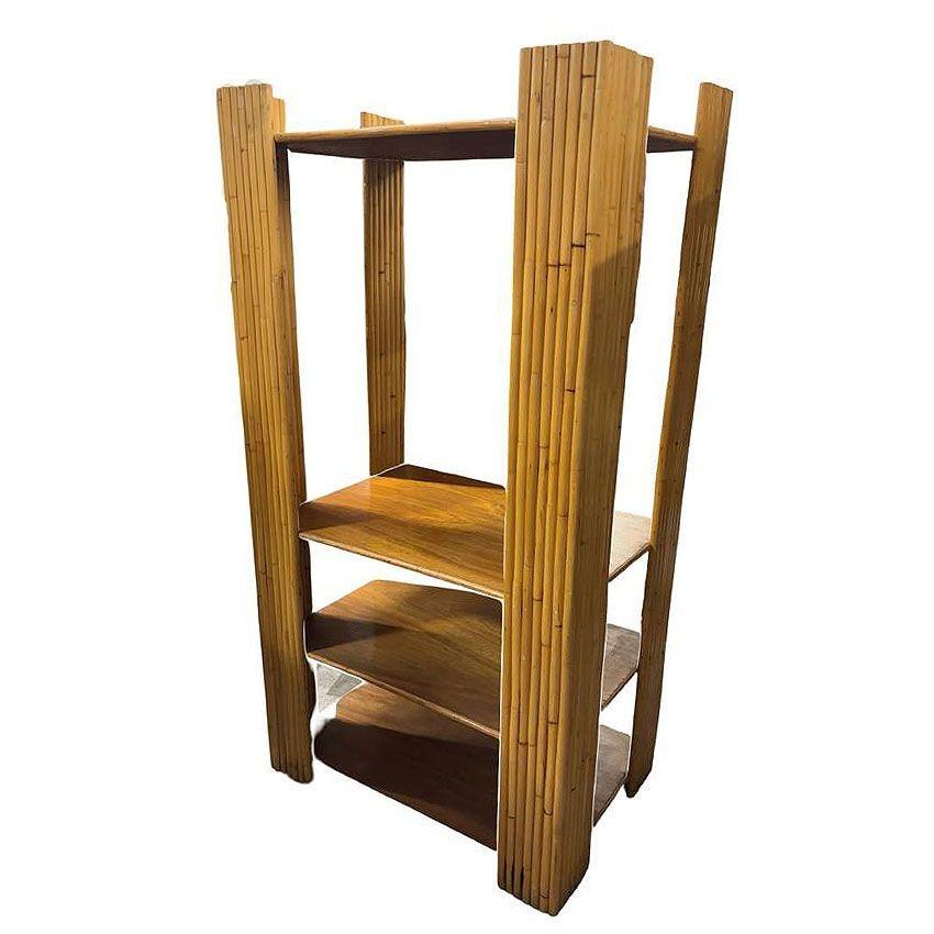 Mid-Century Modern Restored Vertically Stacked Rattan 4-tier Rattan & Mahogany Etager Display Shelf For Sale