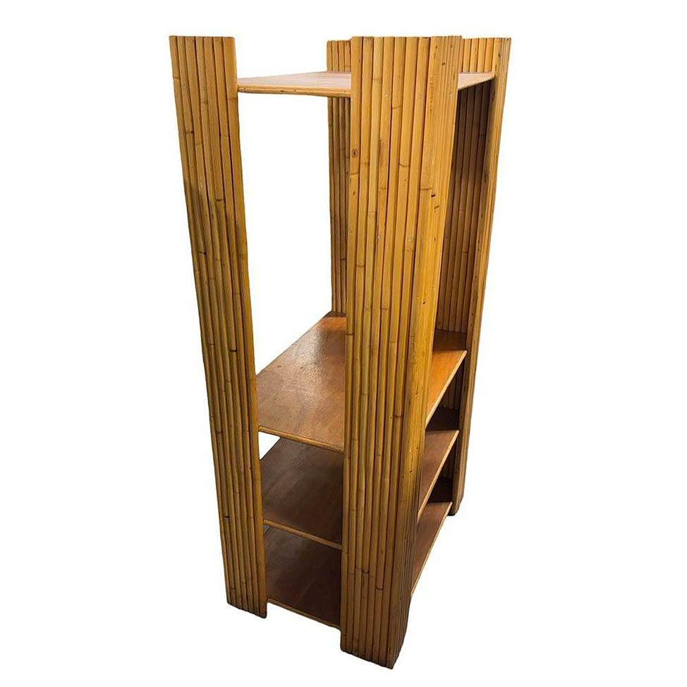 American Restored Vertically Stacked Rattan 4-tier Rattan & Mahogany Etager Display Shelf For Sale