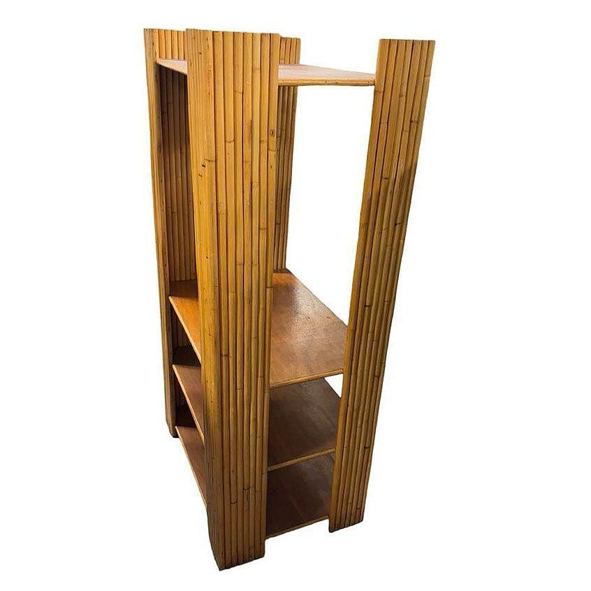 Mid-20th Century Restored Vertically Stacked Rattan 4-tier Rattan & Mahogany Etager Display Shelf For Sale