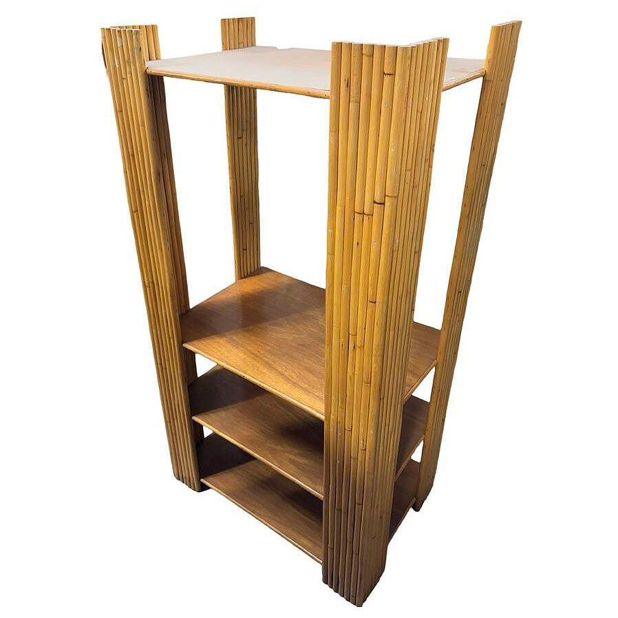 Restored Vertically Stacked Rattan 4-tier Rattan & Mahogany Etager Display Shelf For Sale 2