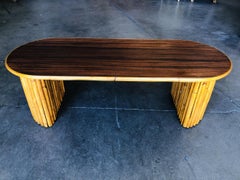 Restored Vertically Stacked Rattan Coffee Table with Mahogany Top