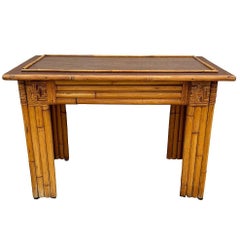 Restored Vertically Stacked Rattan Console Table w/ Mahogany Top