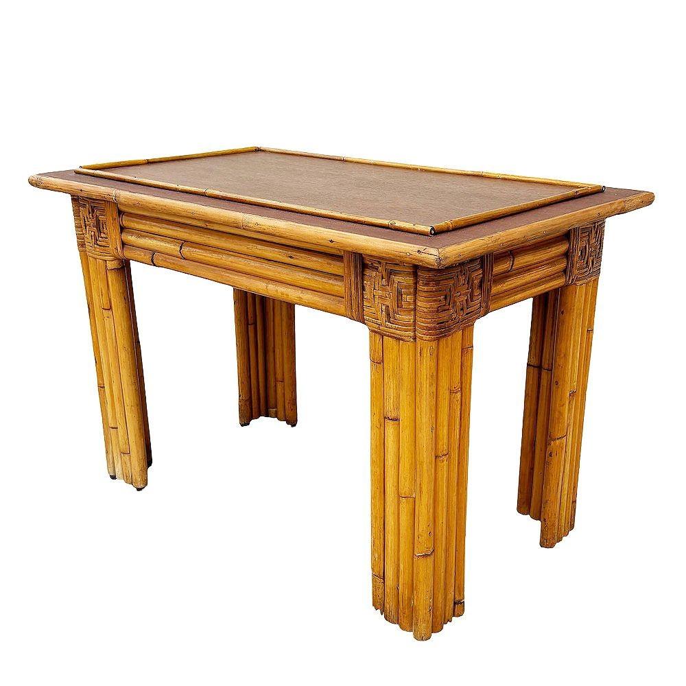 American Restored Vertically Stacked Rattan Console Table w/ Mahogany Top For Sale