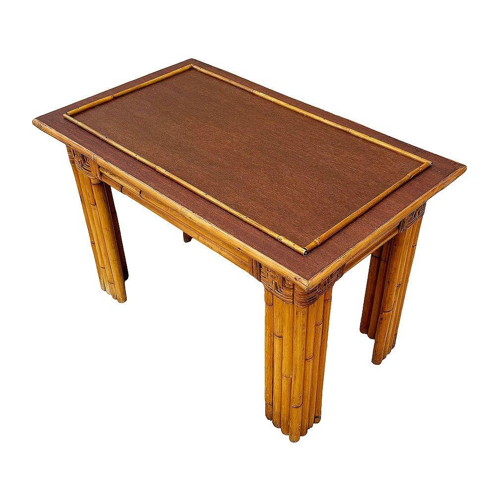 Restored Vertically Stacked Rattan Console Table w/ Mahogany Top In Excellent Condition For Sale In Van Nuys, CA