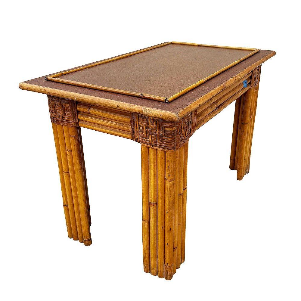 Restored Vertically Stacked Rattan Console Table w/ Mahogany Top For Sale 1