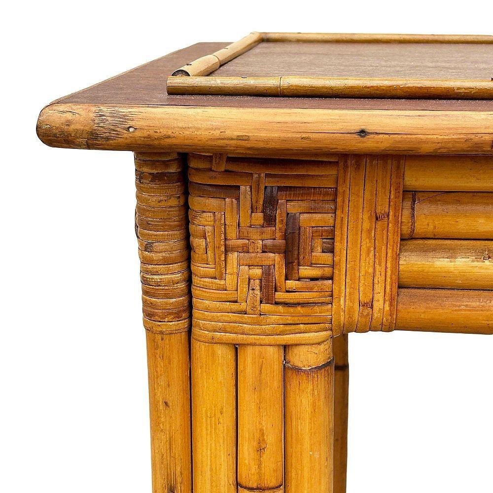 Restored Vertically Stacked Rattan Console Table w/ Mahogany Top For Sale 2