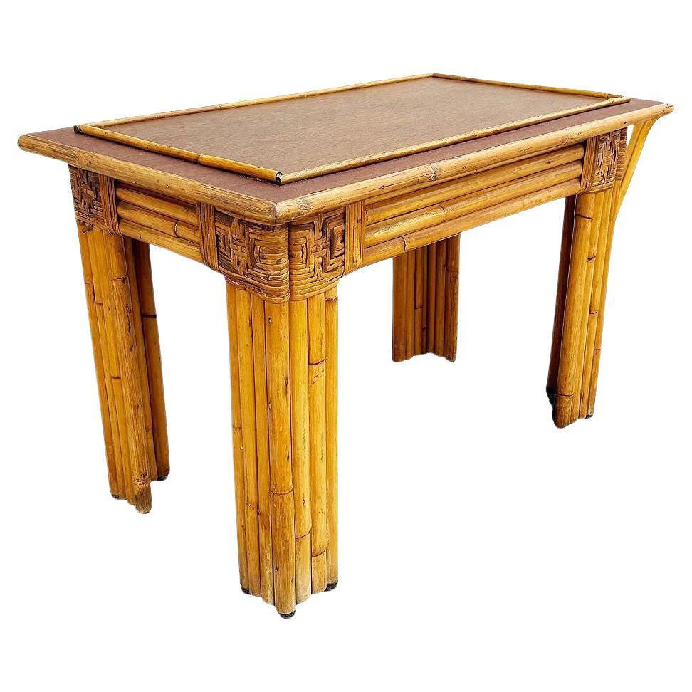 Restored Vertically Stacked Rattan Console Table w/ Mahogany Top