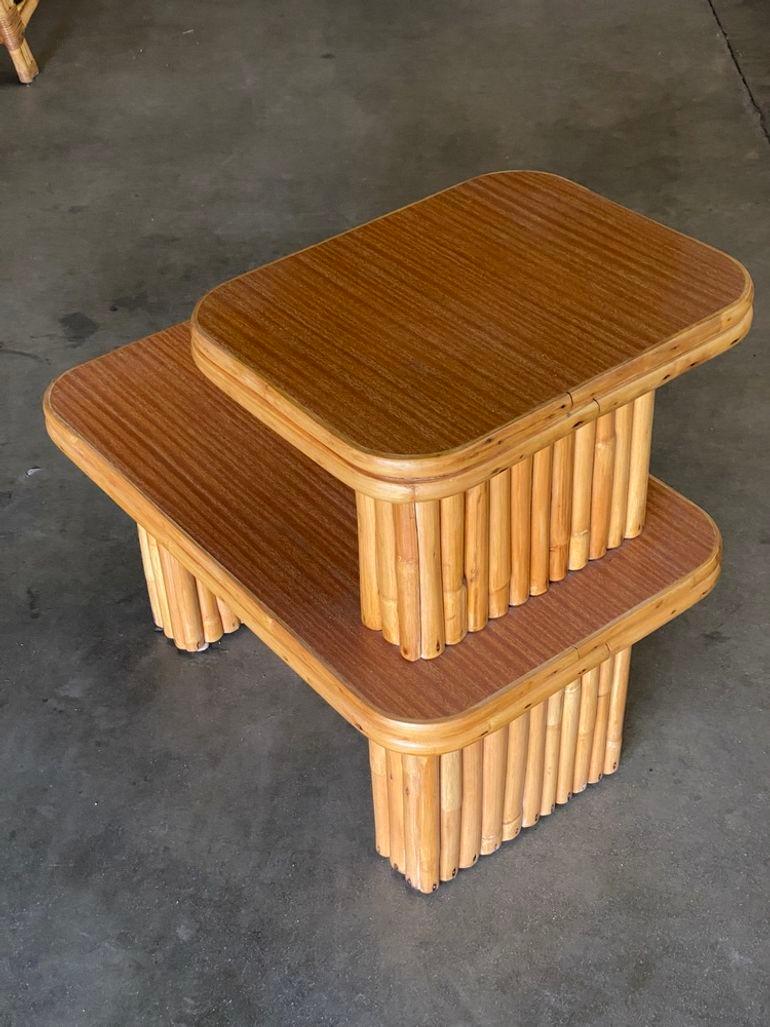 Restored Vertically Stacked Rattan Side Lamp Table with Formica Top In Excellent Condition For Sale In Van Nuys, CA