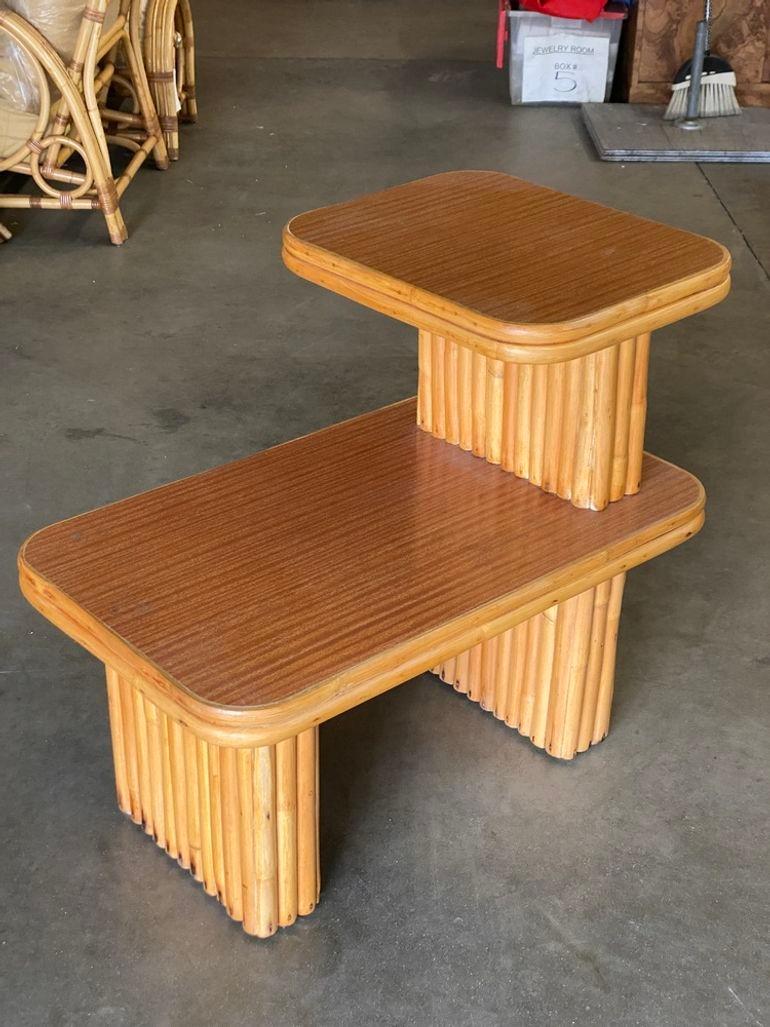 Mid-Century Modern Restored Vertically Stacked Rattan Side Lamp Table with Formica Tops For Sale